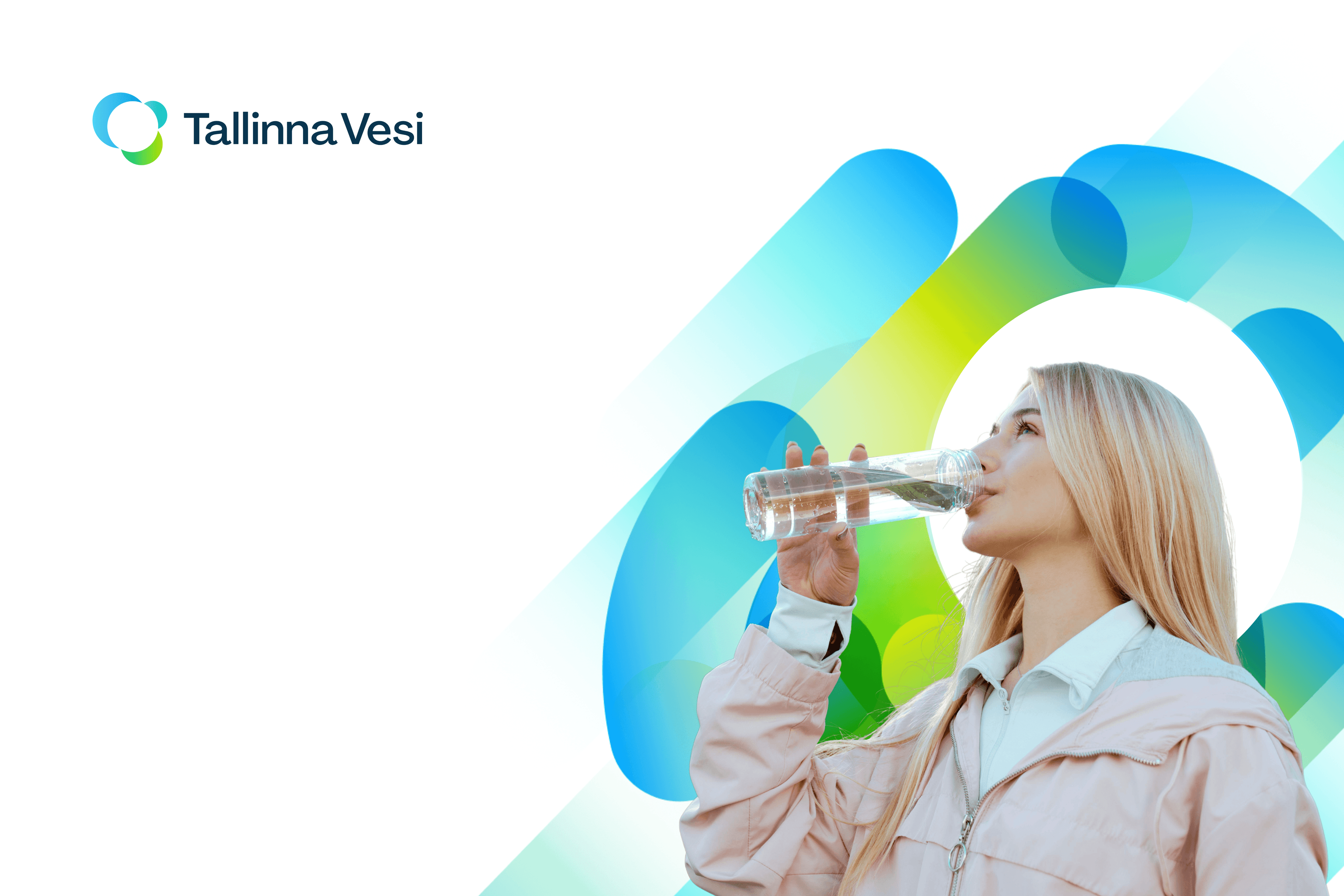 Blonde woman drinking water from a clear bottle, Tallinna Vesi logo visible.