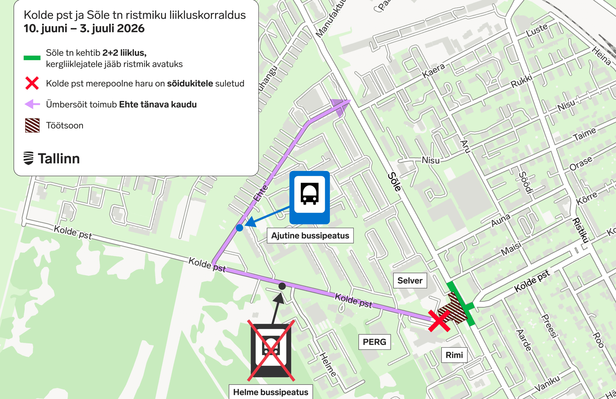 Sõle tänaval ja Kolde puiesteel muutub liikluskorraldus vee- ja kanalisatsioonitorustiku ehituse tõttu