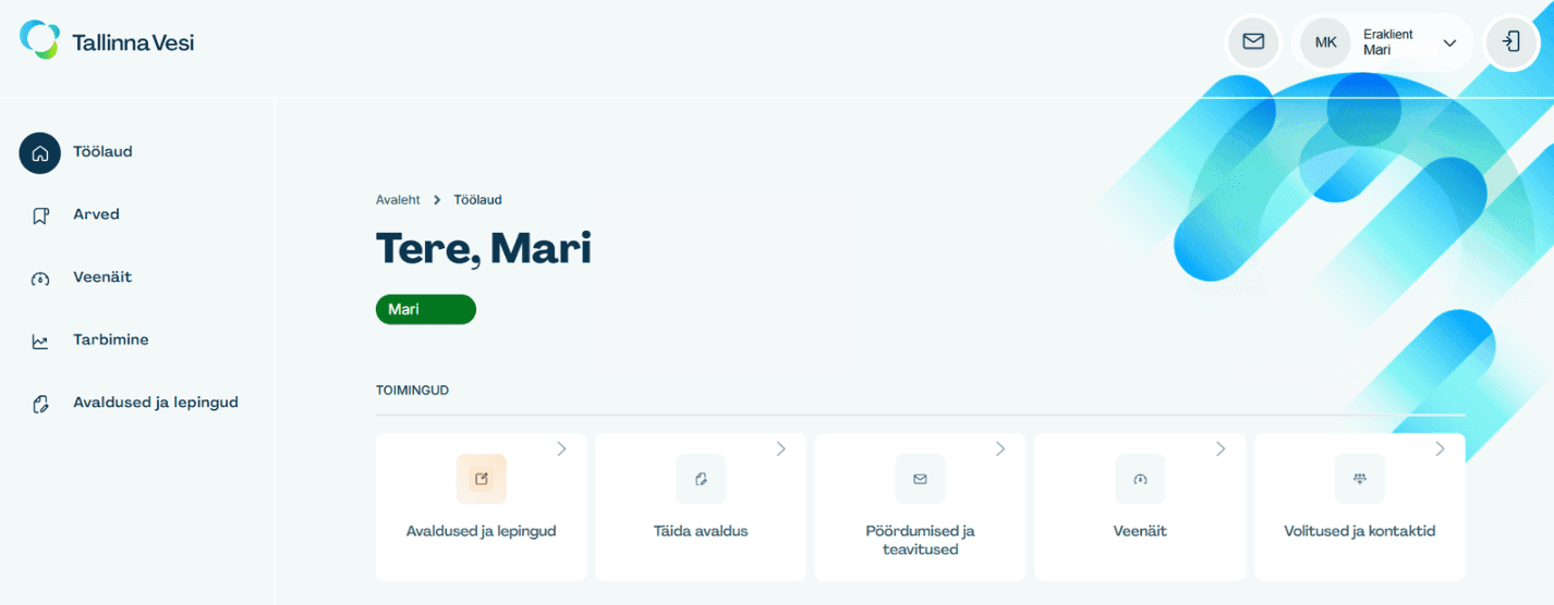 Tallinna Vesi user portal dashboard showing a personalized greeting and service overview cards.