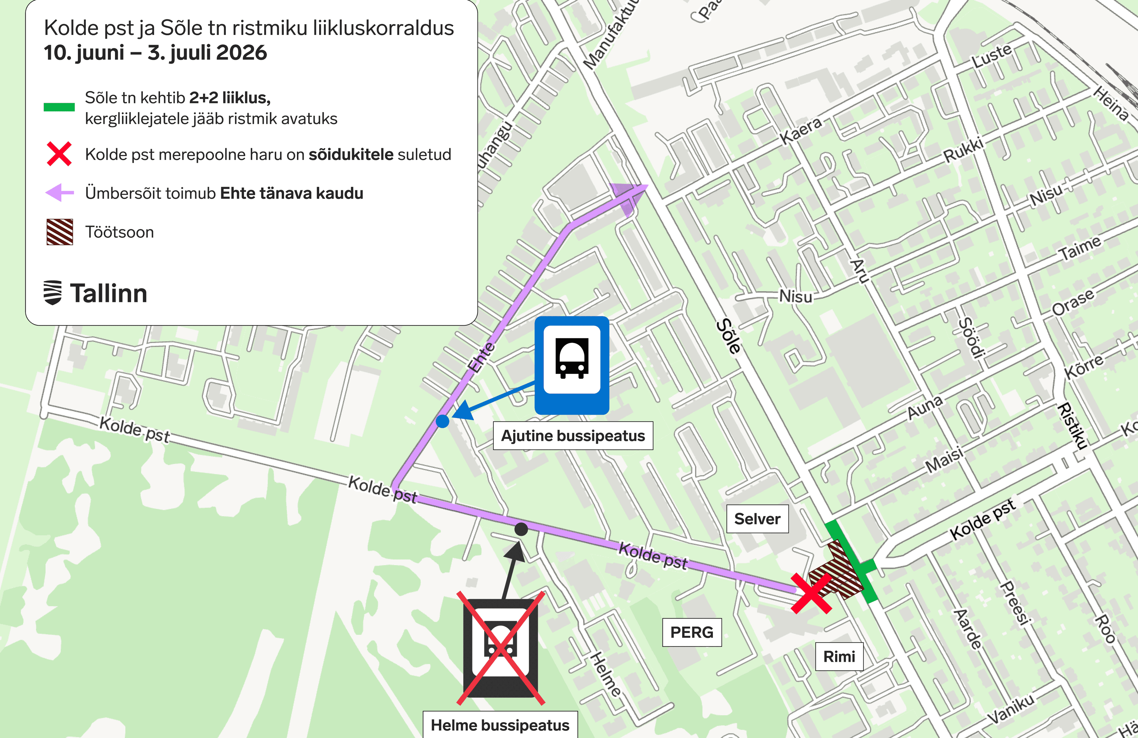 Sõle tänaval ja Kolde puiesteel muutub liikluskorraldus vee- ja kanalisatsioonitorustiku ehituse tõttu